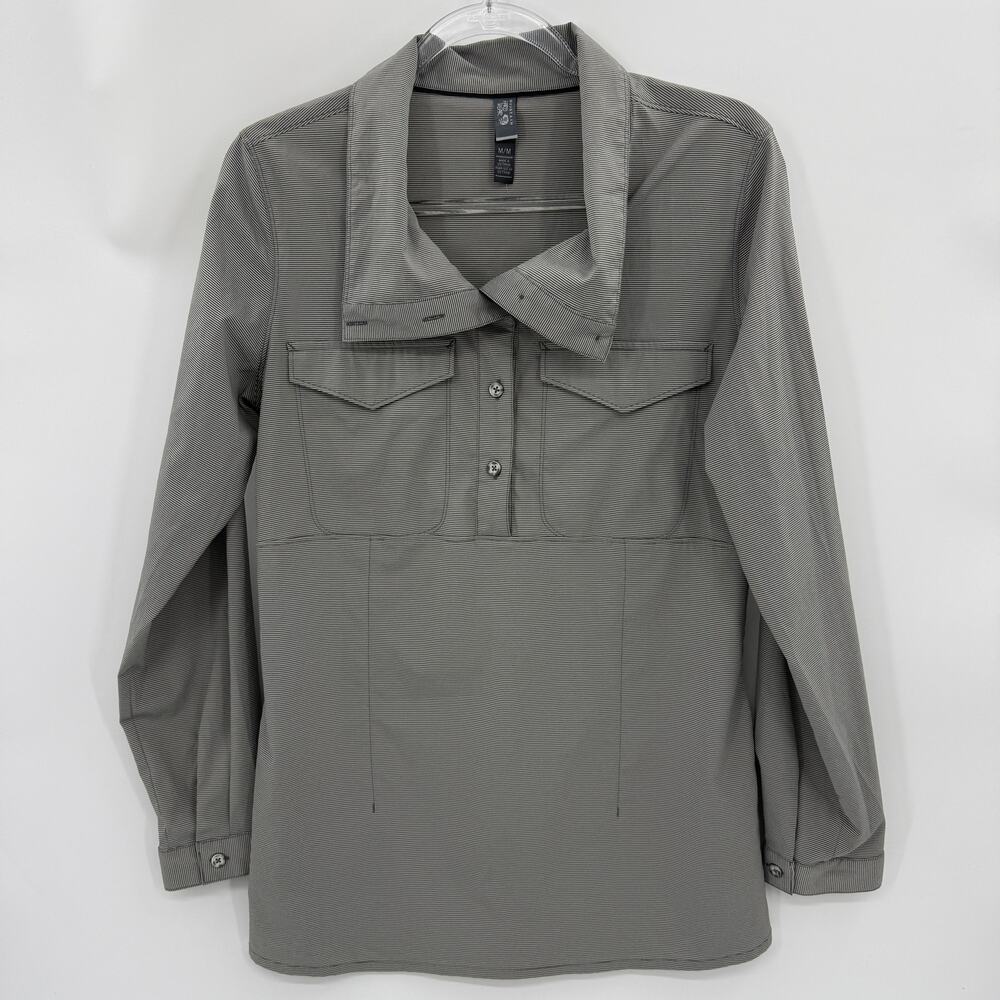 MOUNTAIN HARDWEAR Popover Tunic Shirt Size M Grey Stripe Pockets Stretch Light